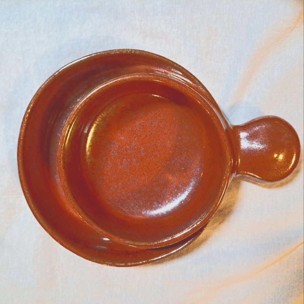 Handmade Pottery Double Circle Decorative Bowl Shimmery Orange-Brown Glaze Retro